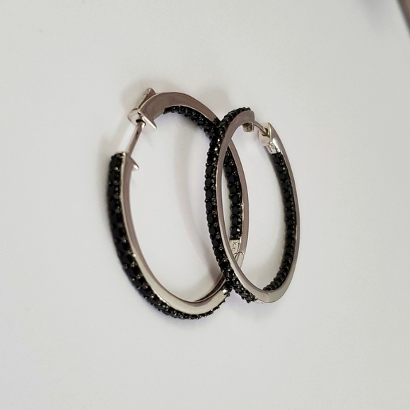 Sterling Silver 925 Onyx Hoop Earrings - Picture 4 of 6